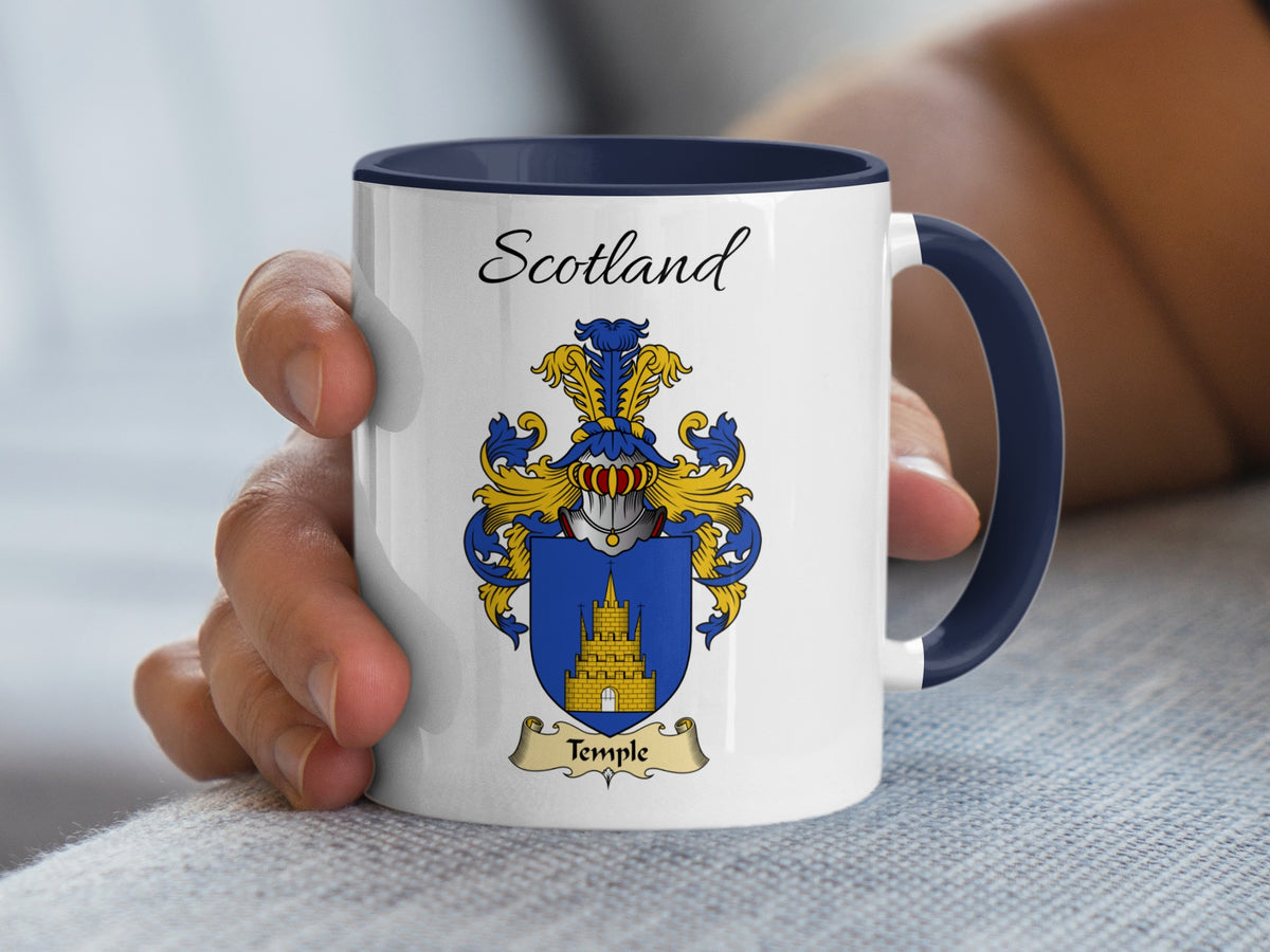 Navy accent 11 oz mug with Temple family shield and Scotland text