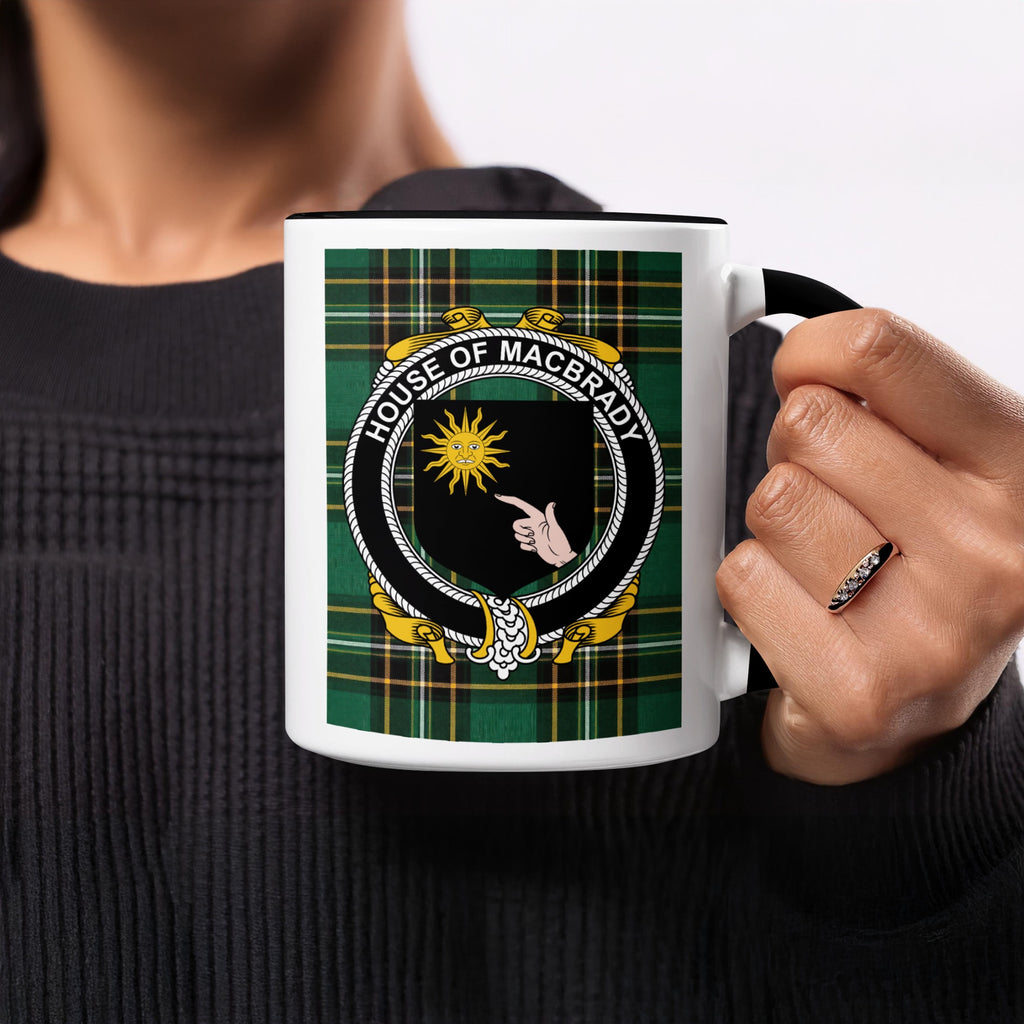 MacBrady Irish heritage ceramic mug showing tartan and family crest