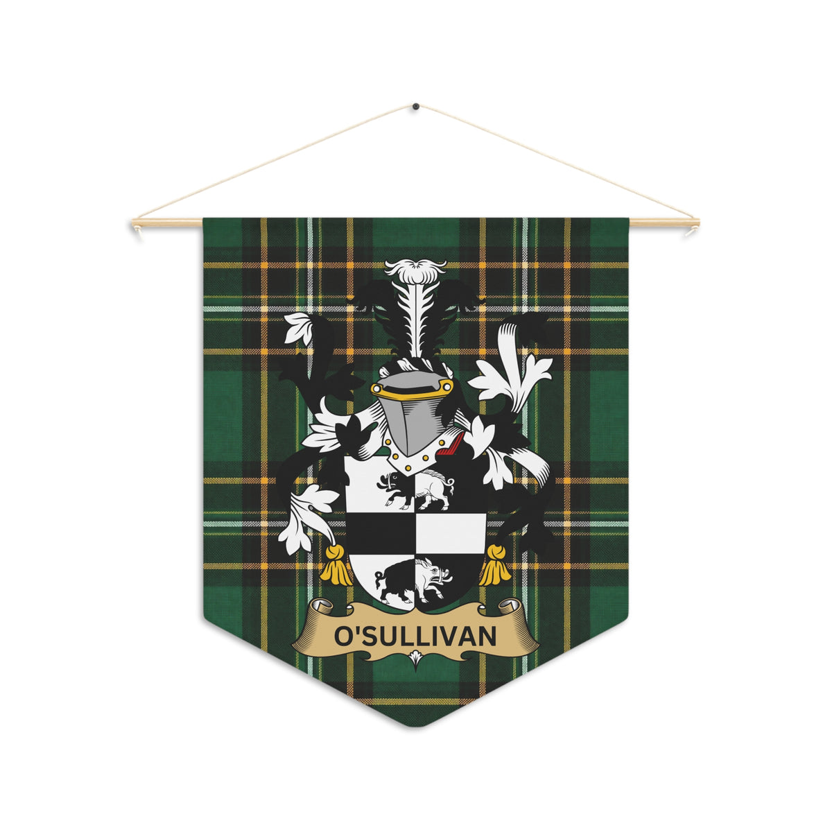 O'Sullivan family crest on green tartan fabric banner with gold trim.