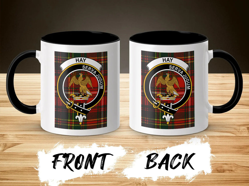 Hay clan crest mug front and back view — Serva Jugum eagle crest visible on both sides of ceramic