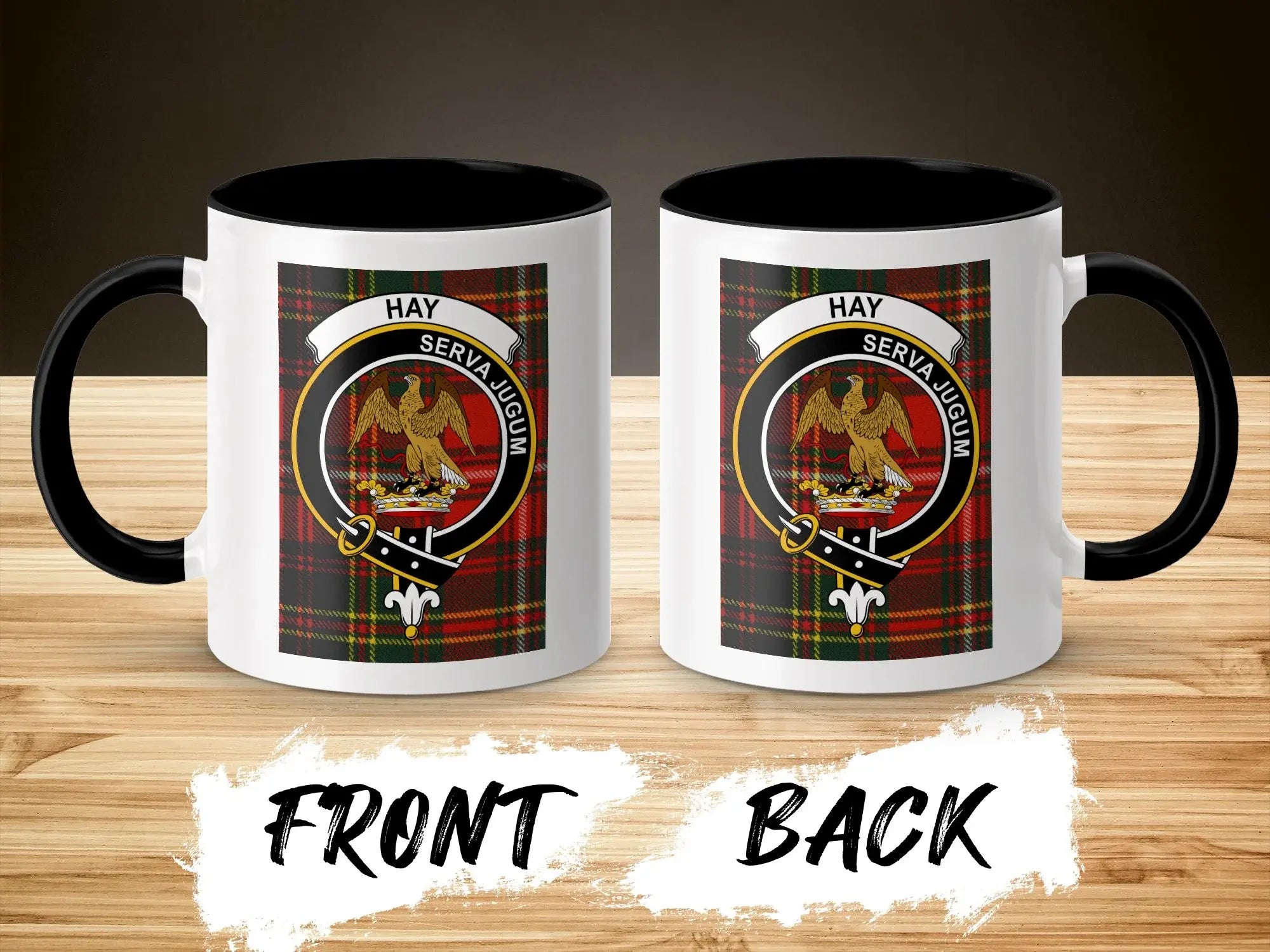 Hay clan crest mug front and back view — Serva Jugum eagle crest visible on both sides of ceramic