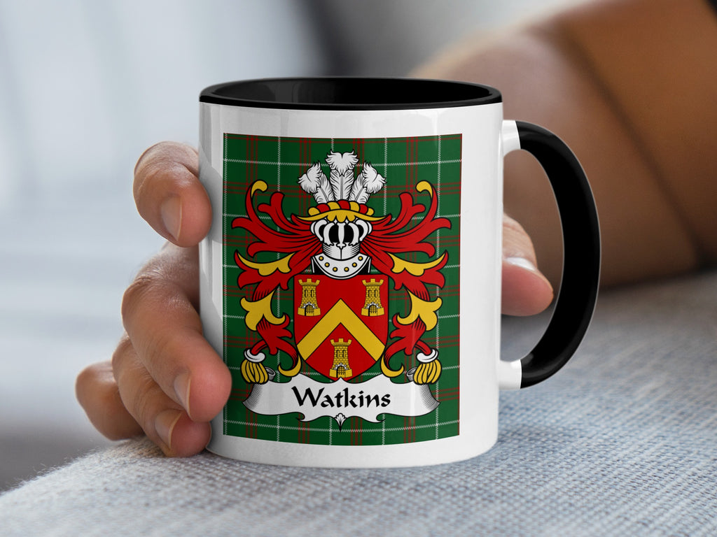 Watkins Welsh coat of arms accent mug with black handle and family crest on Welsh National Tartan