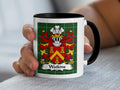 Watkins Welsh coat of arms accent mug with black handle and family crest on Welsh National Tartan
