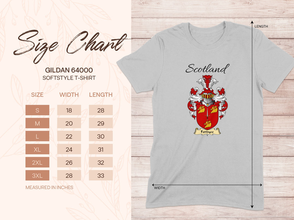 Gildan 64000 size chart for the Fordyce unisex T-shirt, sizes S to 3XL