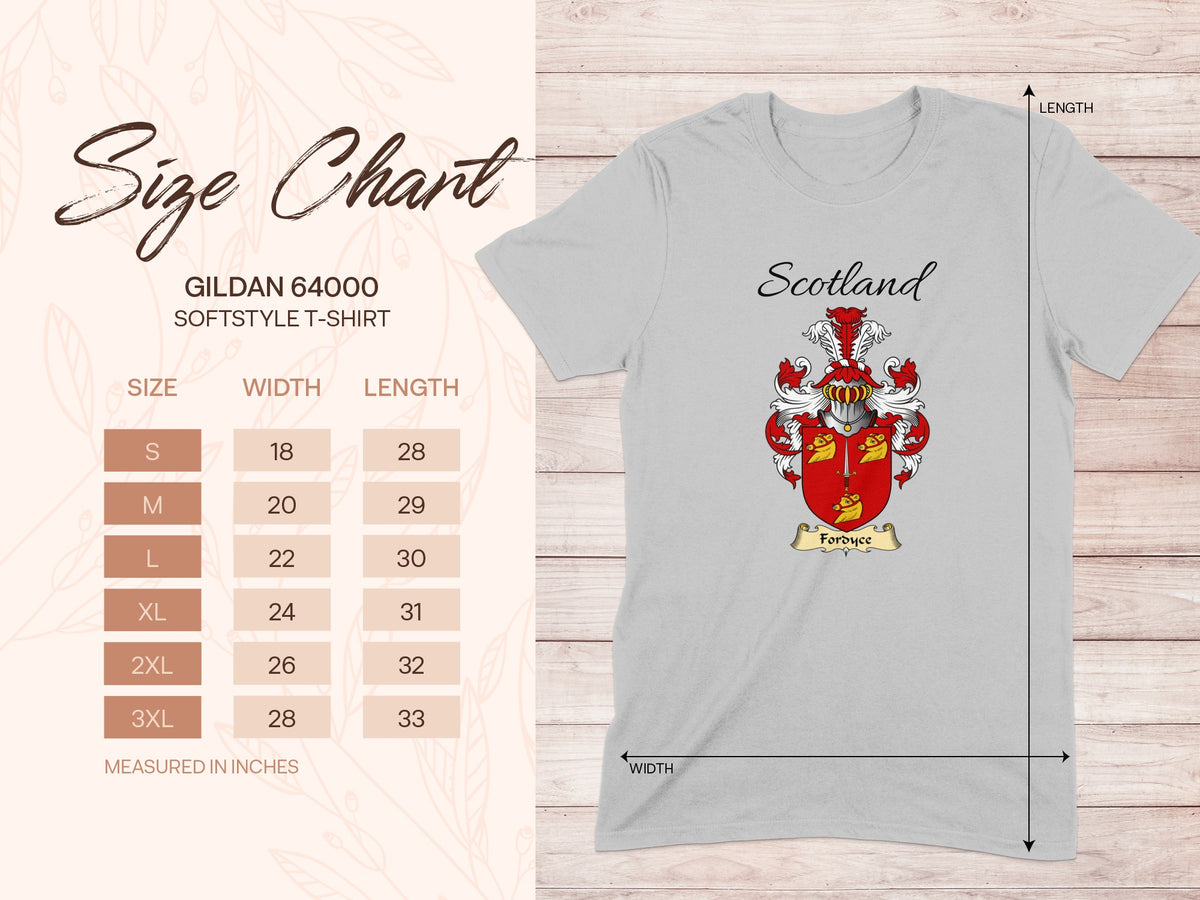 Gildan 64000 size chart for the Fordyce unisex T-shirt, sizes S to 3XL