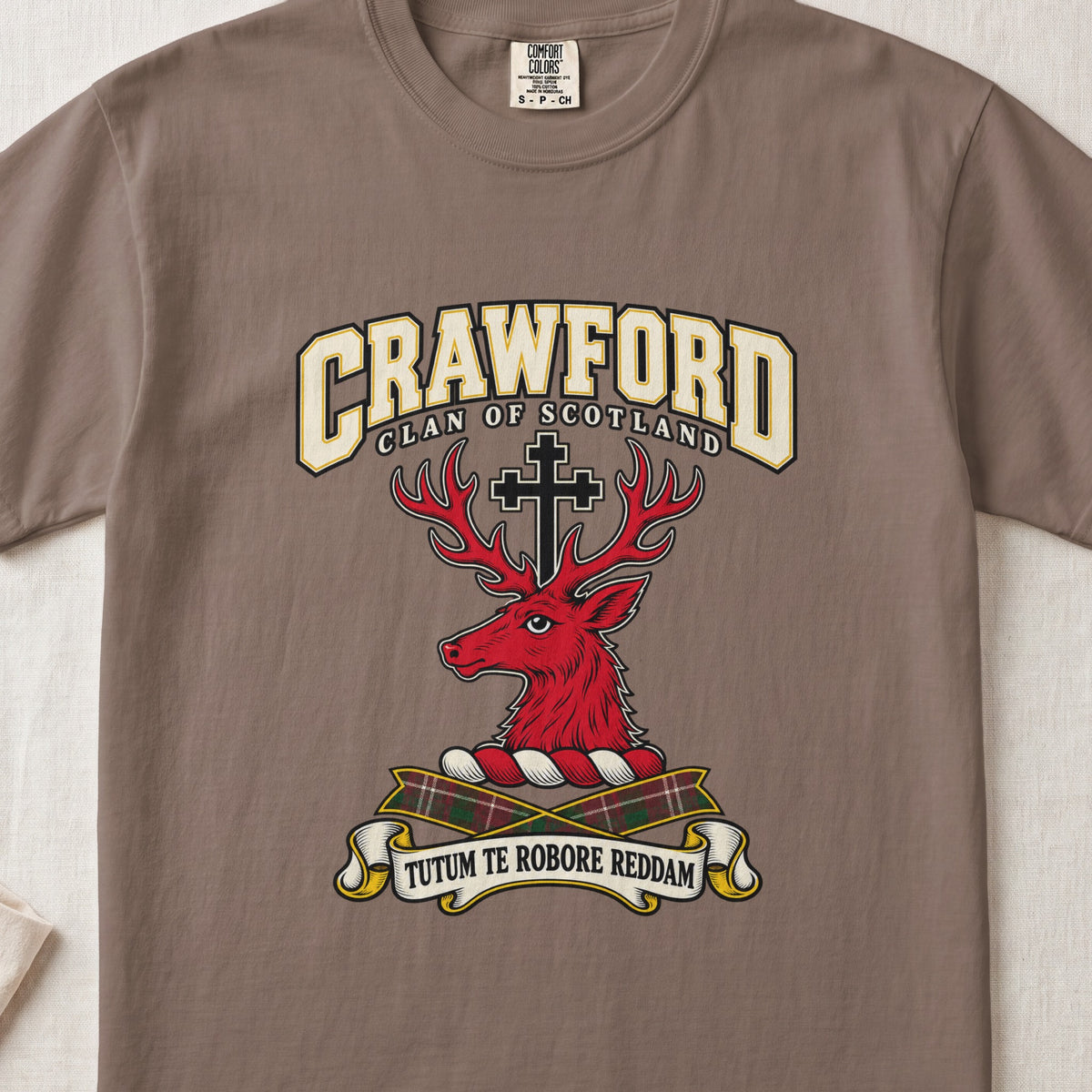 Crawford Scottish clan graphic T-shirt in Espresso, front view