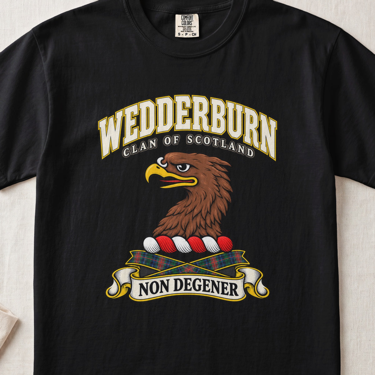 Wedderburn Scottish clan T-shirt in Black, front view with a brown eagle head and motto design.