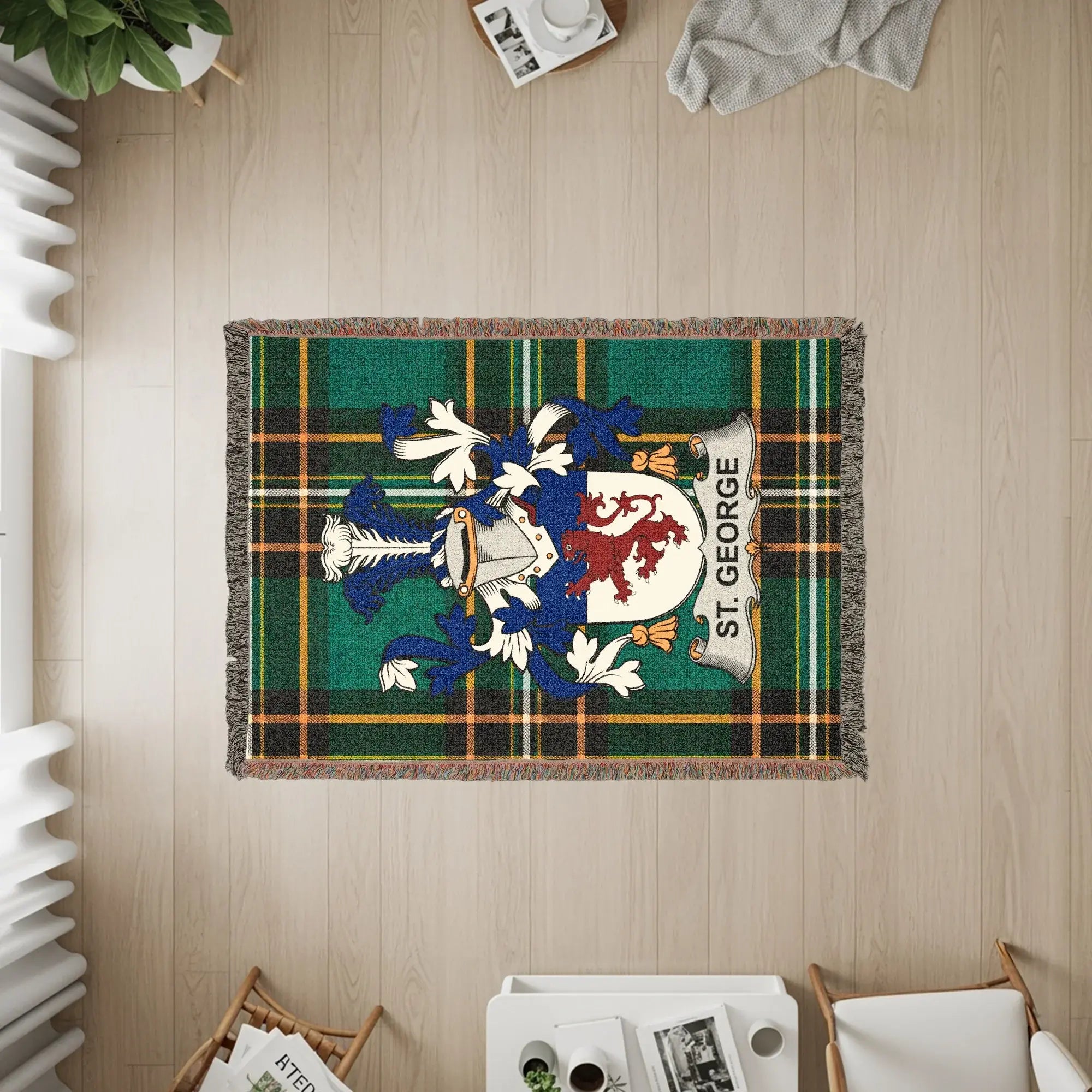 Tapestry rug featuring the St. George coat of arms on a tartan plaid background.