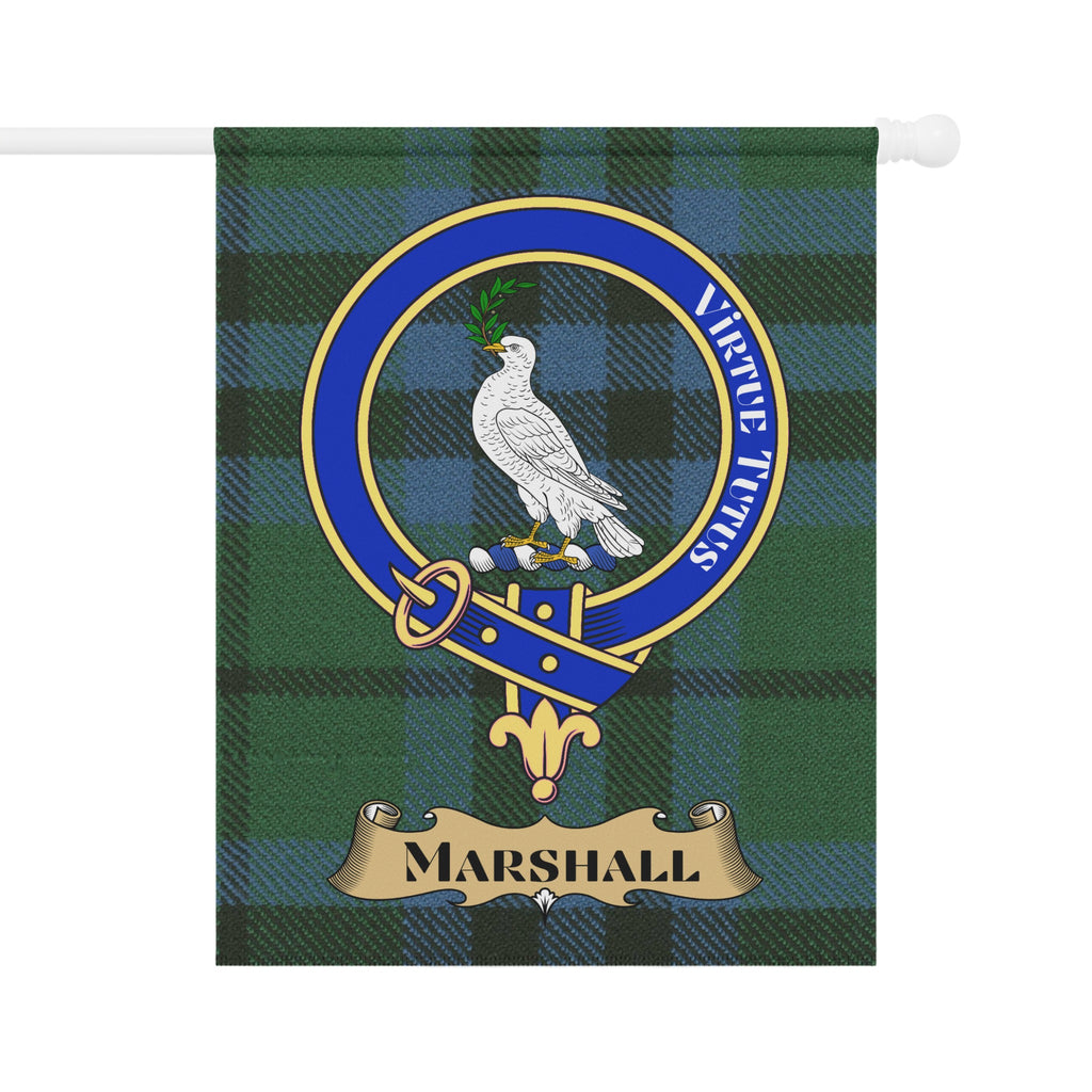 Marshall crest with dove and motto on tartan garden flag — close-up