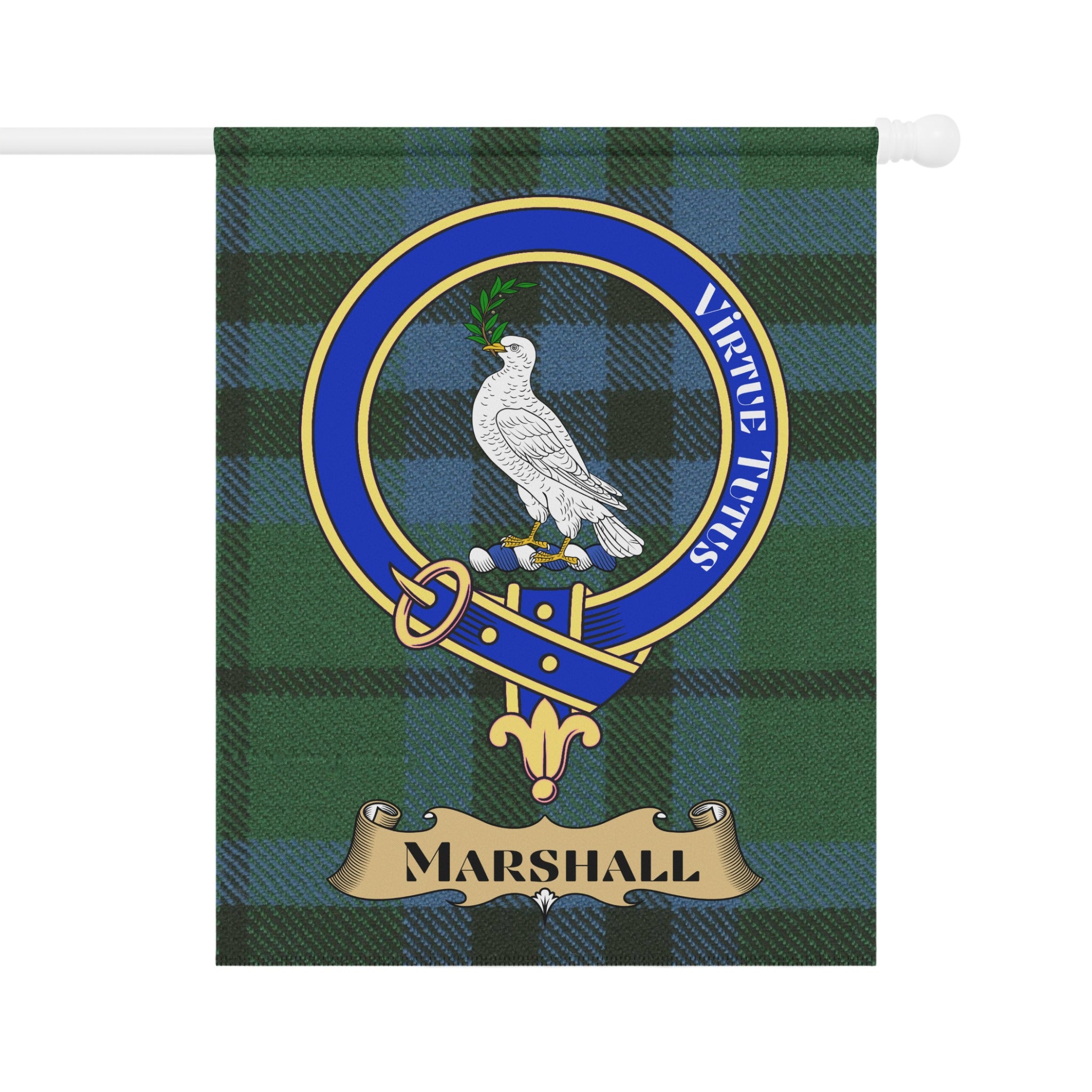 Marshall crest with dove and motto on tartan garden flag — close-up