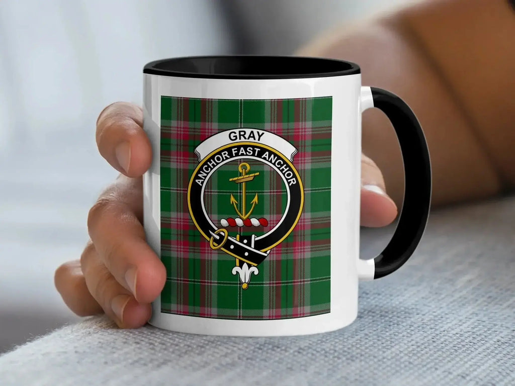 Gray clan tartan 15oz accent mug — navy handle and interior, anchor crest on white ceramic