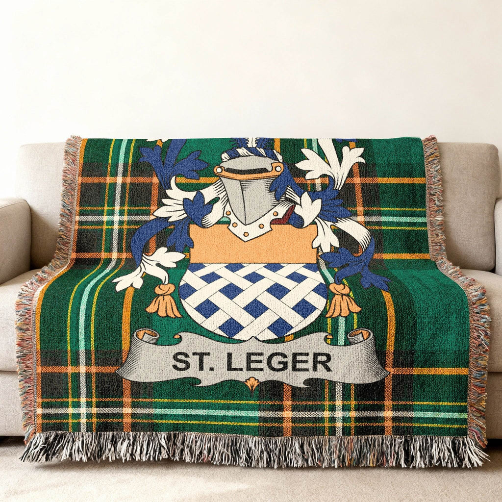Tartan throw blanket with St. Leger crest and name.