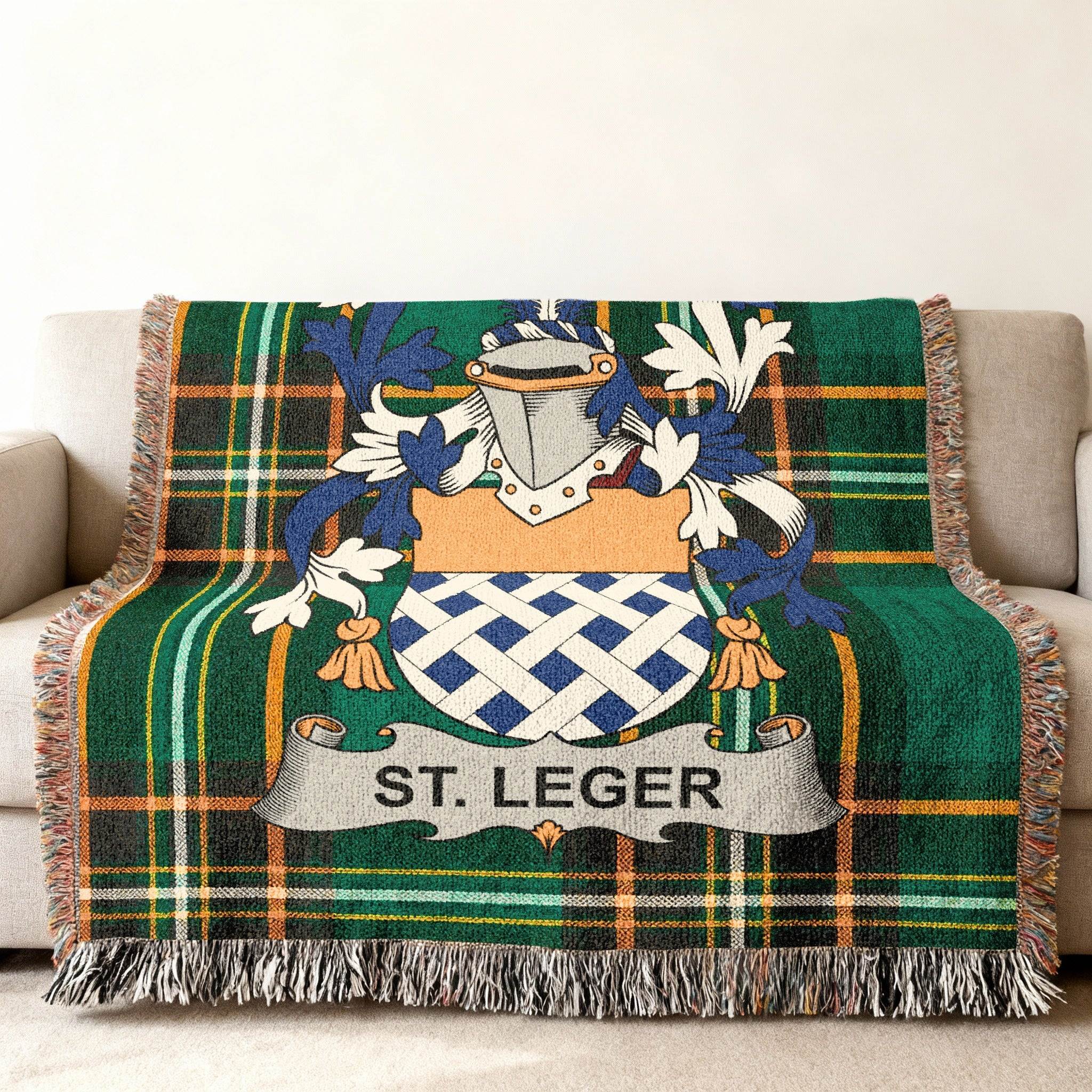 Tartan throw blanket with St. Leger crest and name.