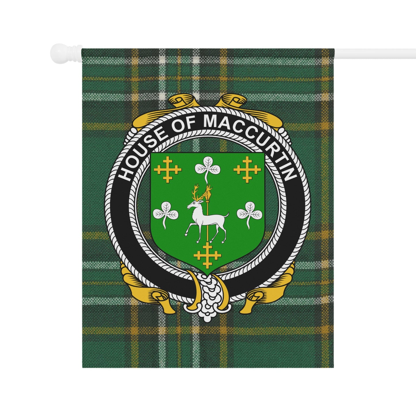 House of MacCurtin emblem on green plaid flag product