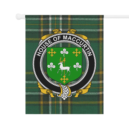 House of MacCurtin emblem on green plaid flag product