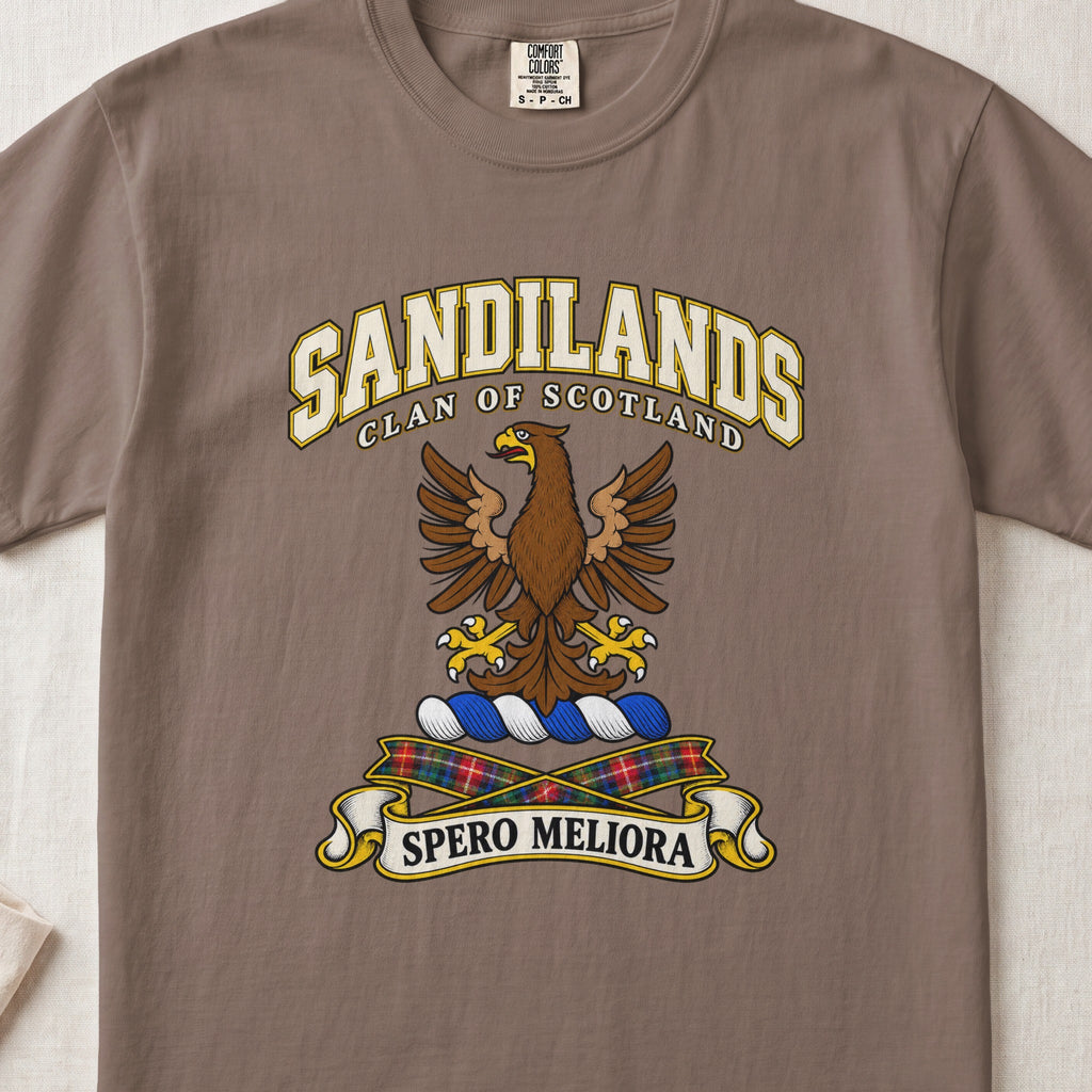 Sandilands Scottish clan T-shirt in Espresso, front view with a brown eagle with spread wings and motto design.