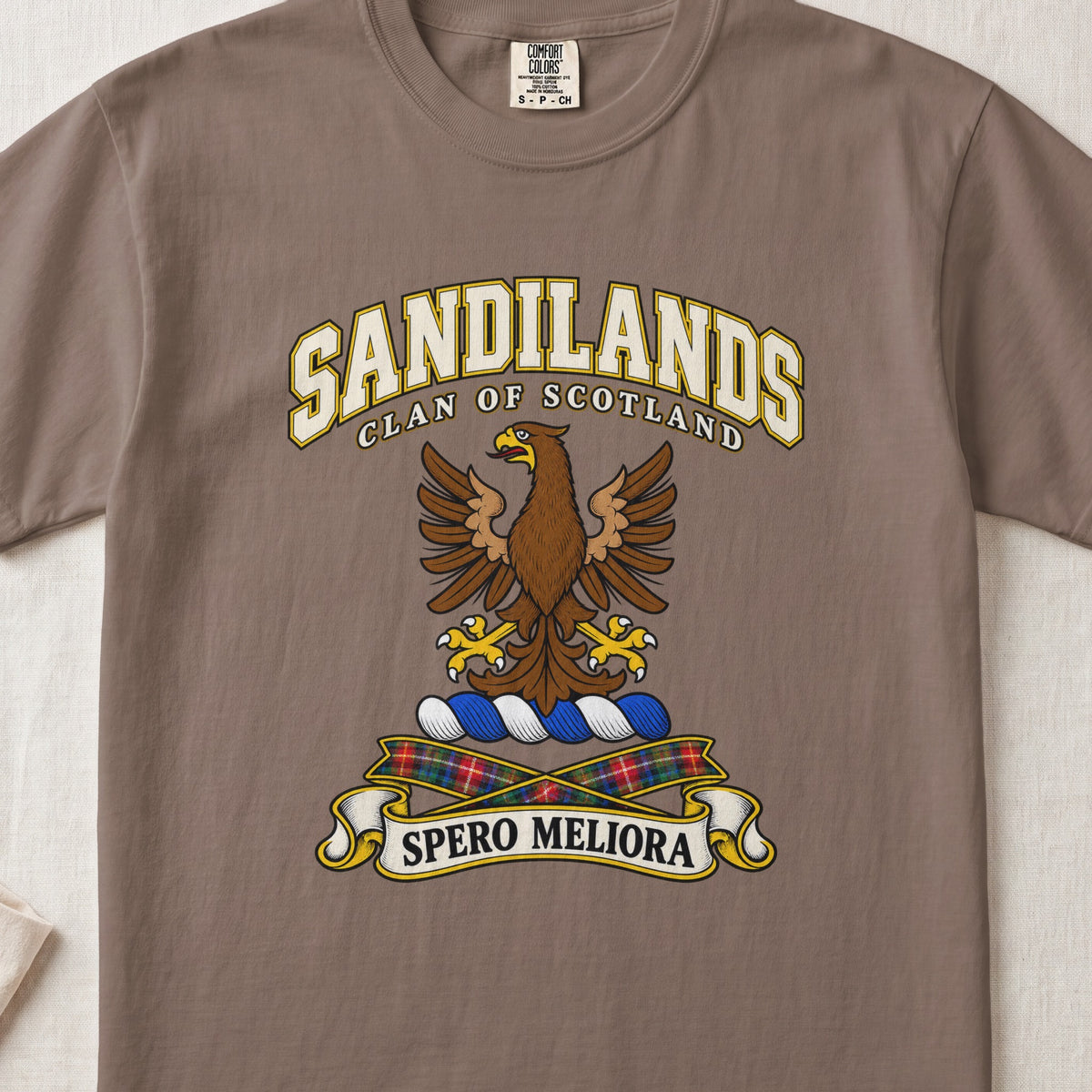 Sandilands Scottish clan T-shirt in Espresso, front view with a brown eagle with spread wings and motto design.