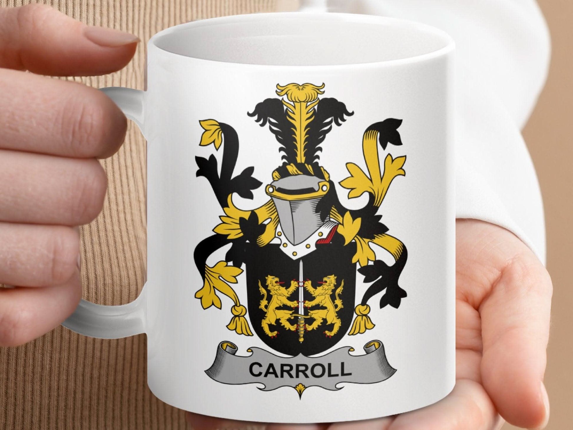 Carroll Surname Irish Family Crest Coat Arms Heraldry Mug - Celtic Ancestry Gifts