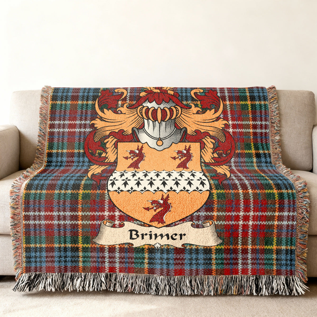 Brimer Scottish family shield woven blanket on a Caledonia tartan background