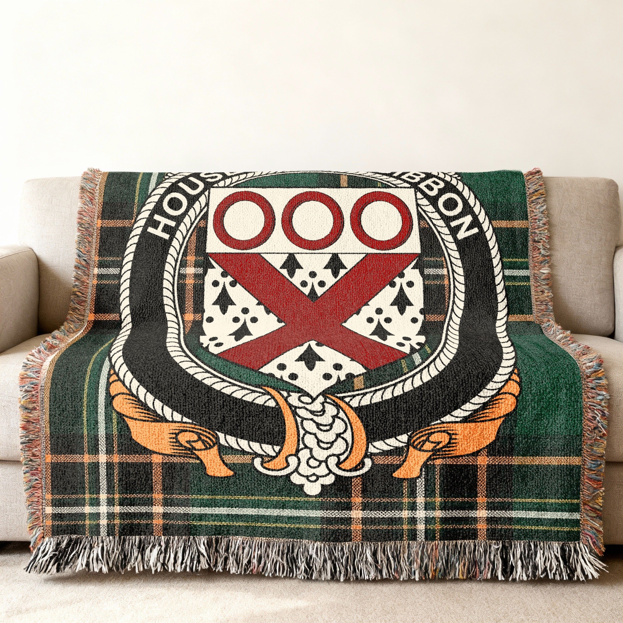 Fitzgibbon Irish National Tartan woven blanket displayed on a sofa