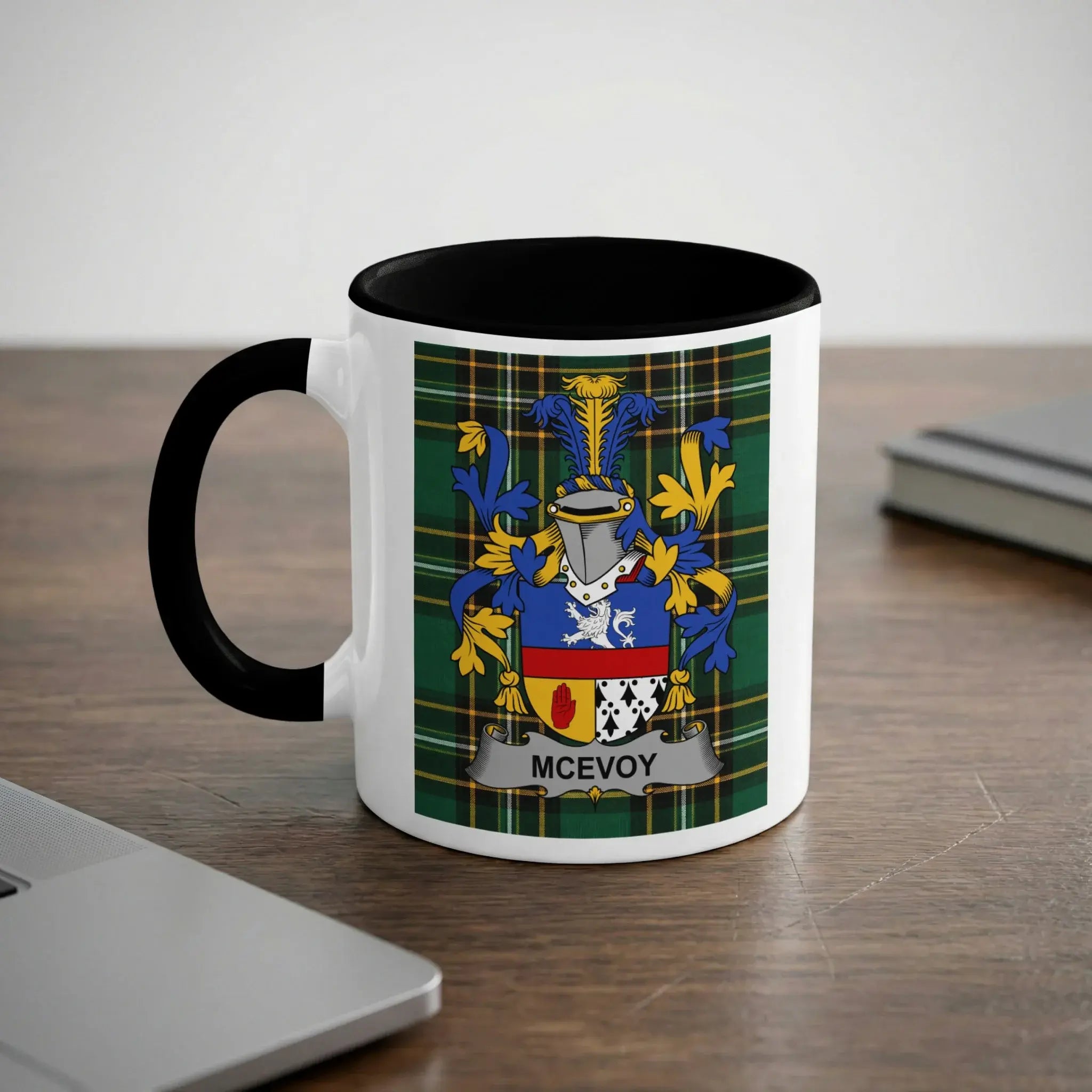 McEvoy Irish heritage mug with black handle and family crest