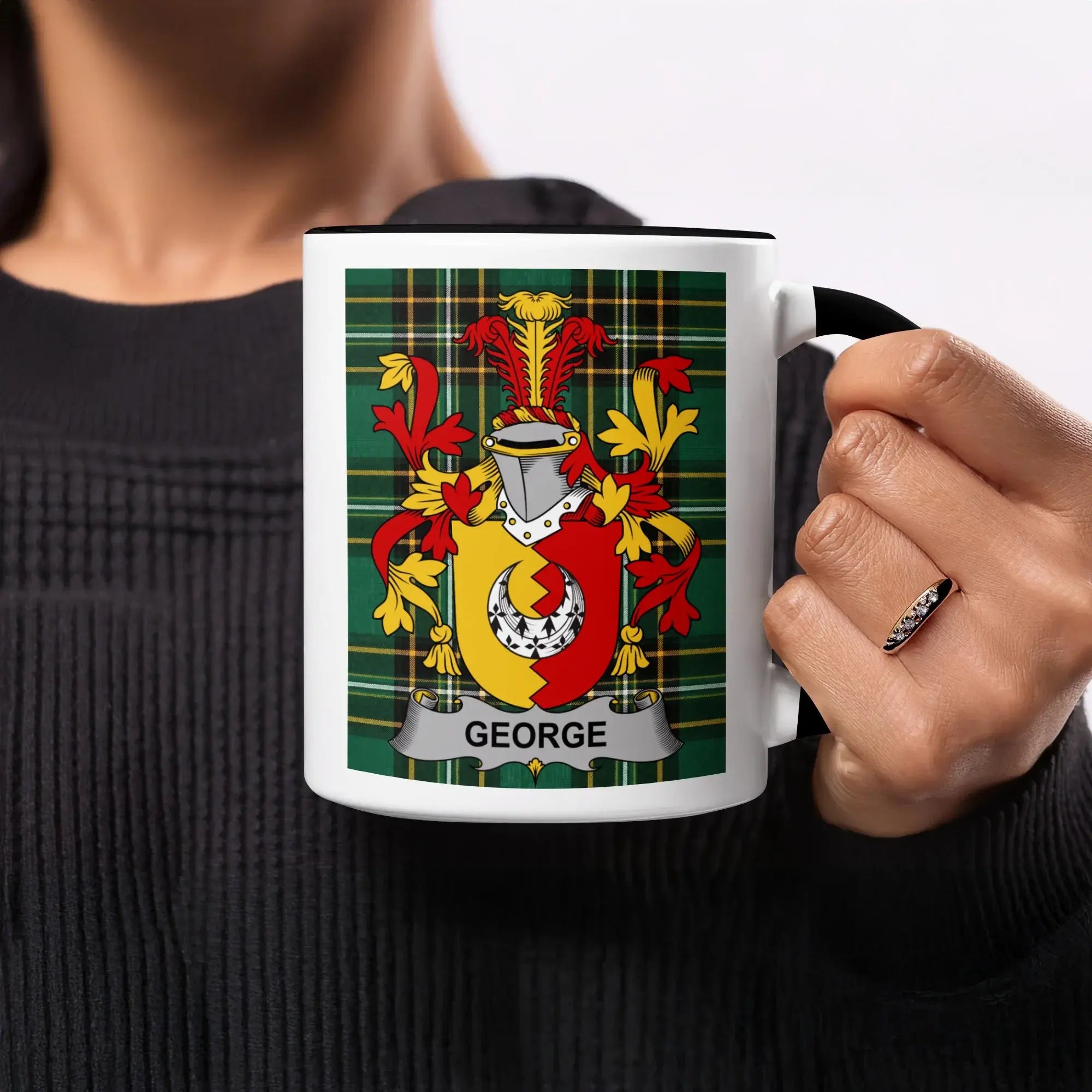 St. George black accent mug with Irish National Tartan and family crest