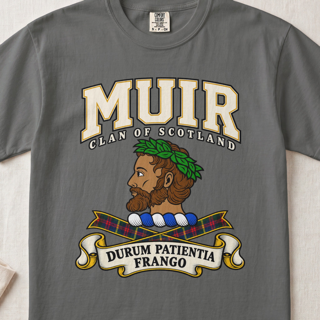 Muir Scottish clan graphic T-shirt in Pepper, front view