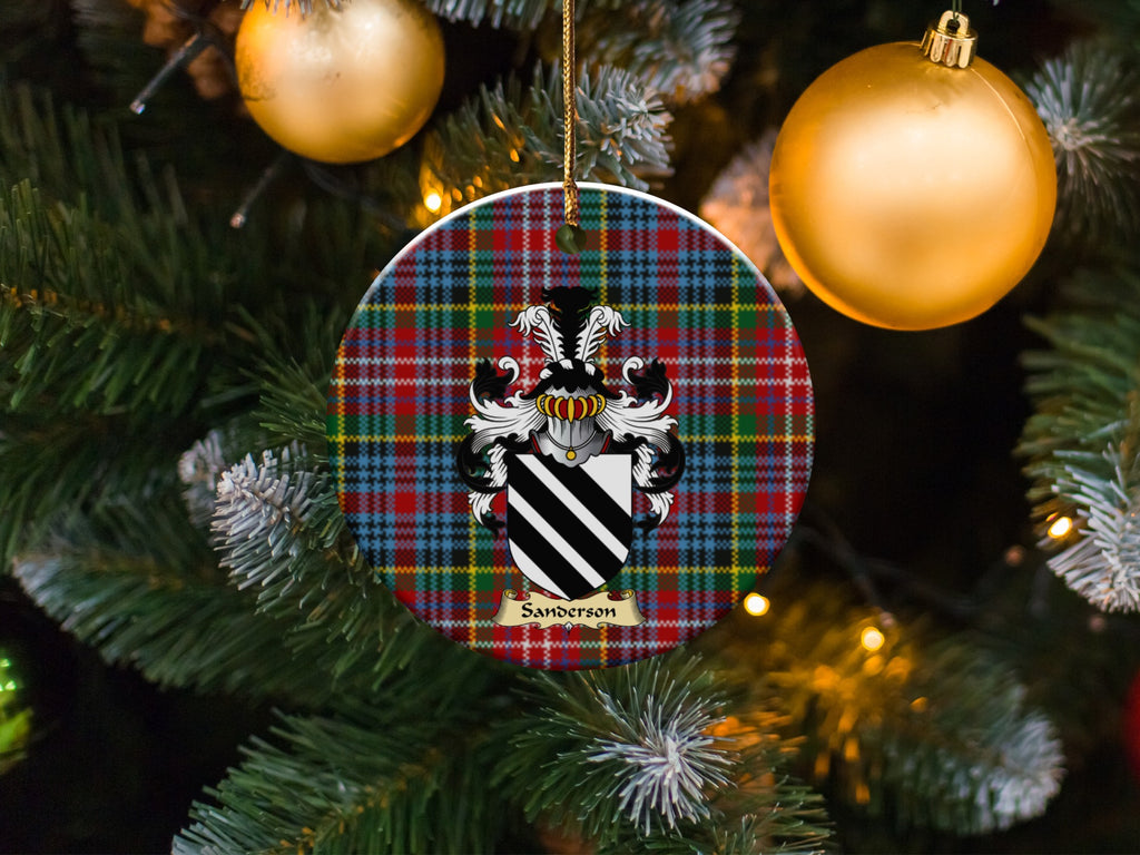 Sanderson family emblem ceramic Christmas ornament with Caledonia tartan background in festive holiday décor