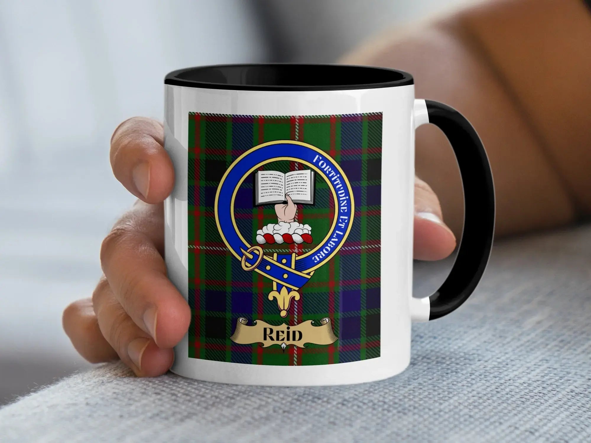 Reid tartan mug with a coloured accent handle and interior