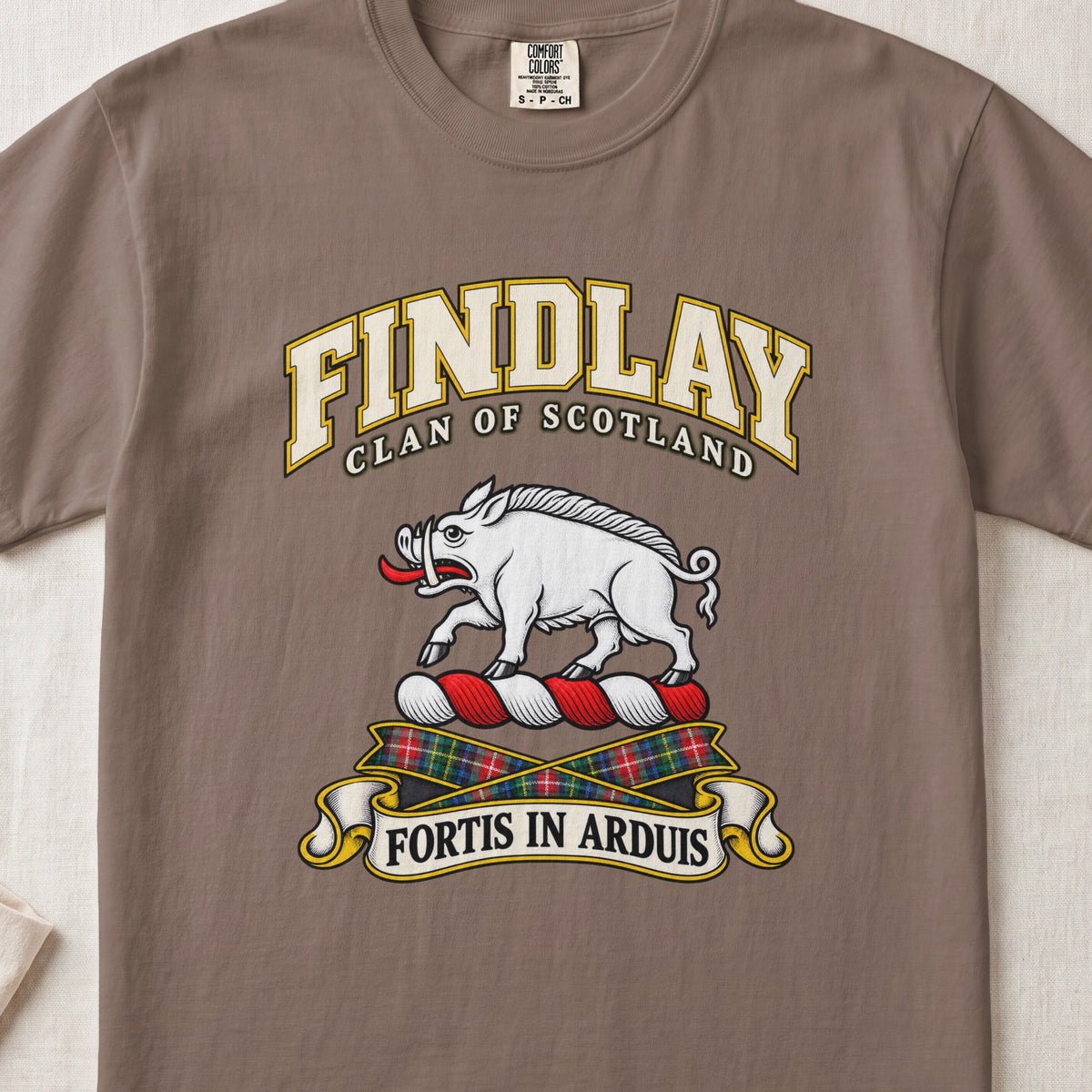 Findlay Scottish clan T-shirt in Espresso, front view with a white boar and motto banner.