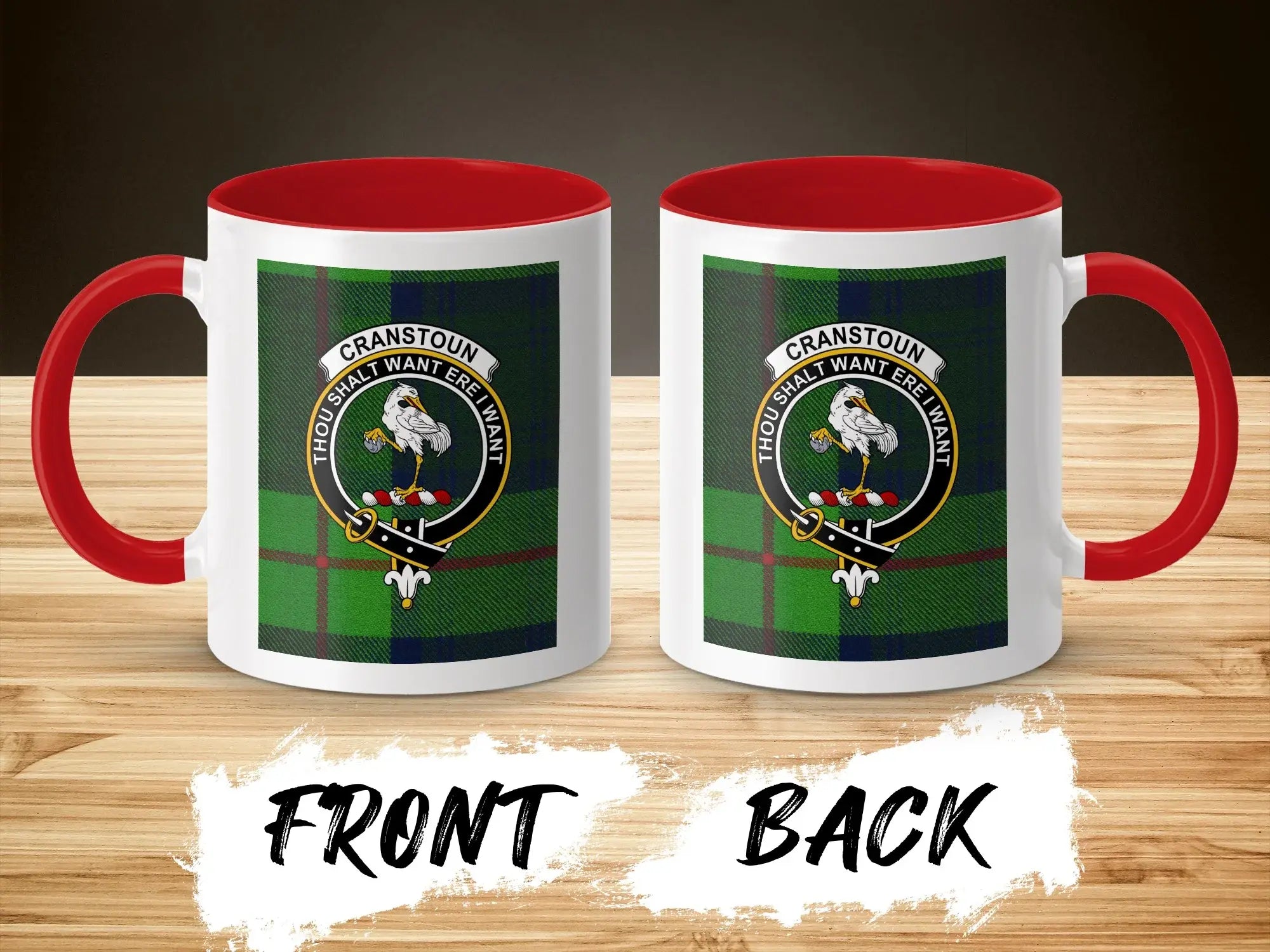 Clan Cranstoun accent mug in red — close-up of crest and tartan design, 11oz