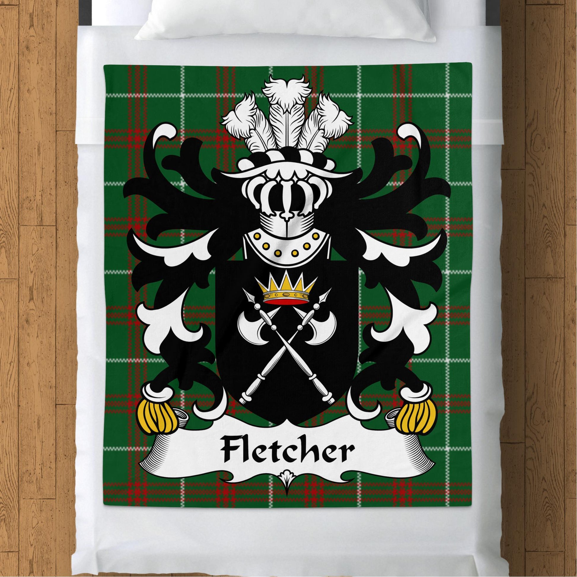 Fletcher Welsh Surname Coat of Arms on Welsh Tartan Blanket - Living Stone Gifts