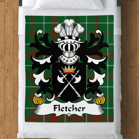 Fletcher Welsh Surname Coat of Arms on Welsh Tartan Blanket - Living Stone Gifts