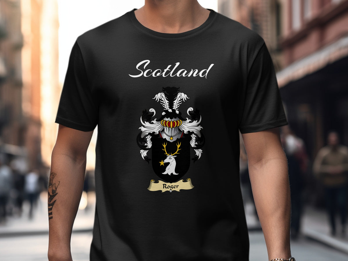 Roger Scottish family shield design on Black T-shirt