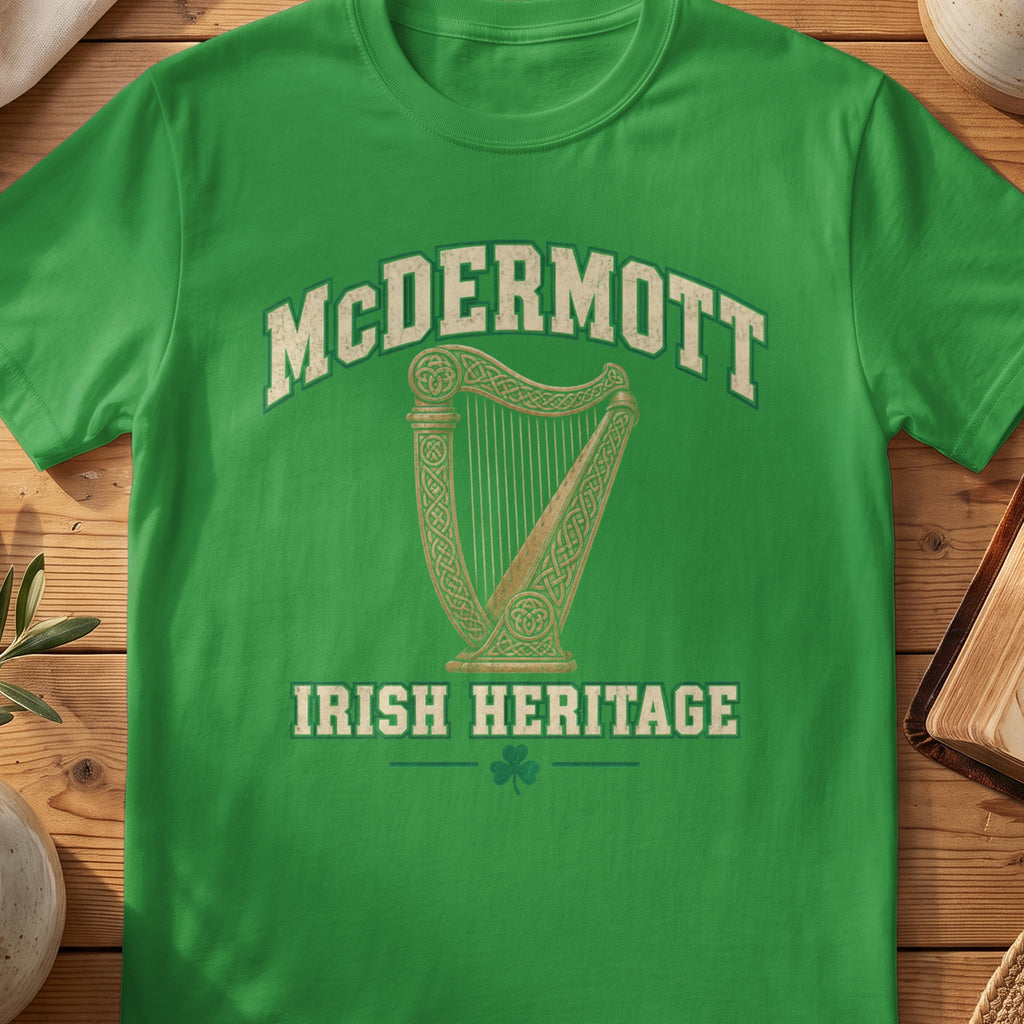 McDermott Irish Heritage green Gildan 64000 T-shirt with Celtic harp design