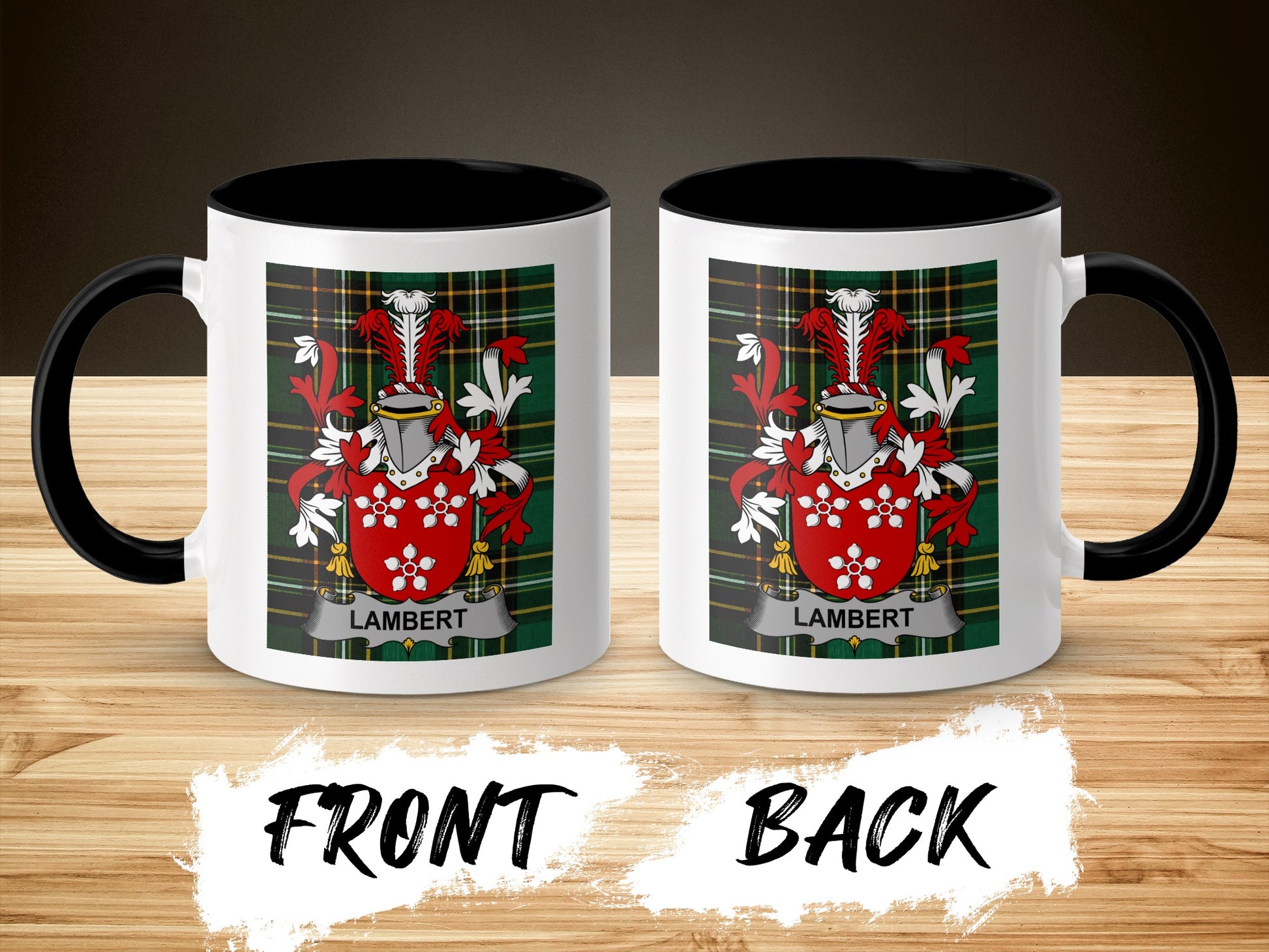 Lambert crest mug, front and back views, on a wooden surface.