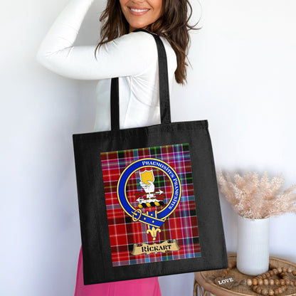 Scottish Clan Crest on Tartan Background Rickart Tote Bag - Living Stone Gifts