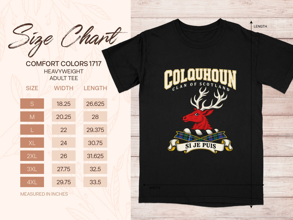 Colquhoun Comfort Colors 1717 T-shirt size chart with black shirt illustration