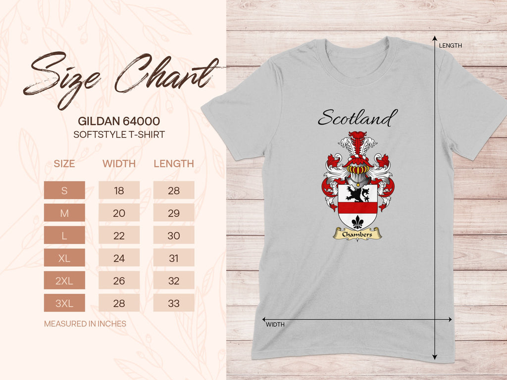 Gildan 64000 size chart for the Chambers unisex T-shirt, sizes S to 3XL