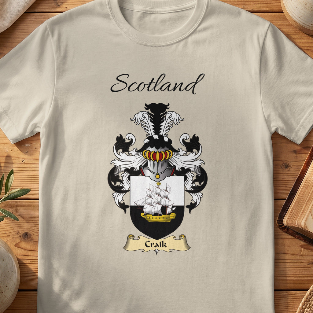 Sand Craik Scottish family shield T-shirt featuring a sailing ship on a black-and-white shield