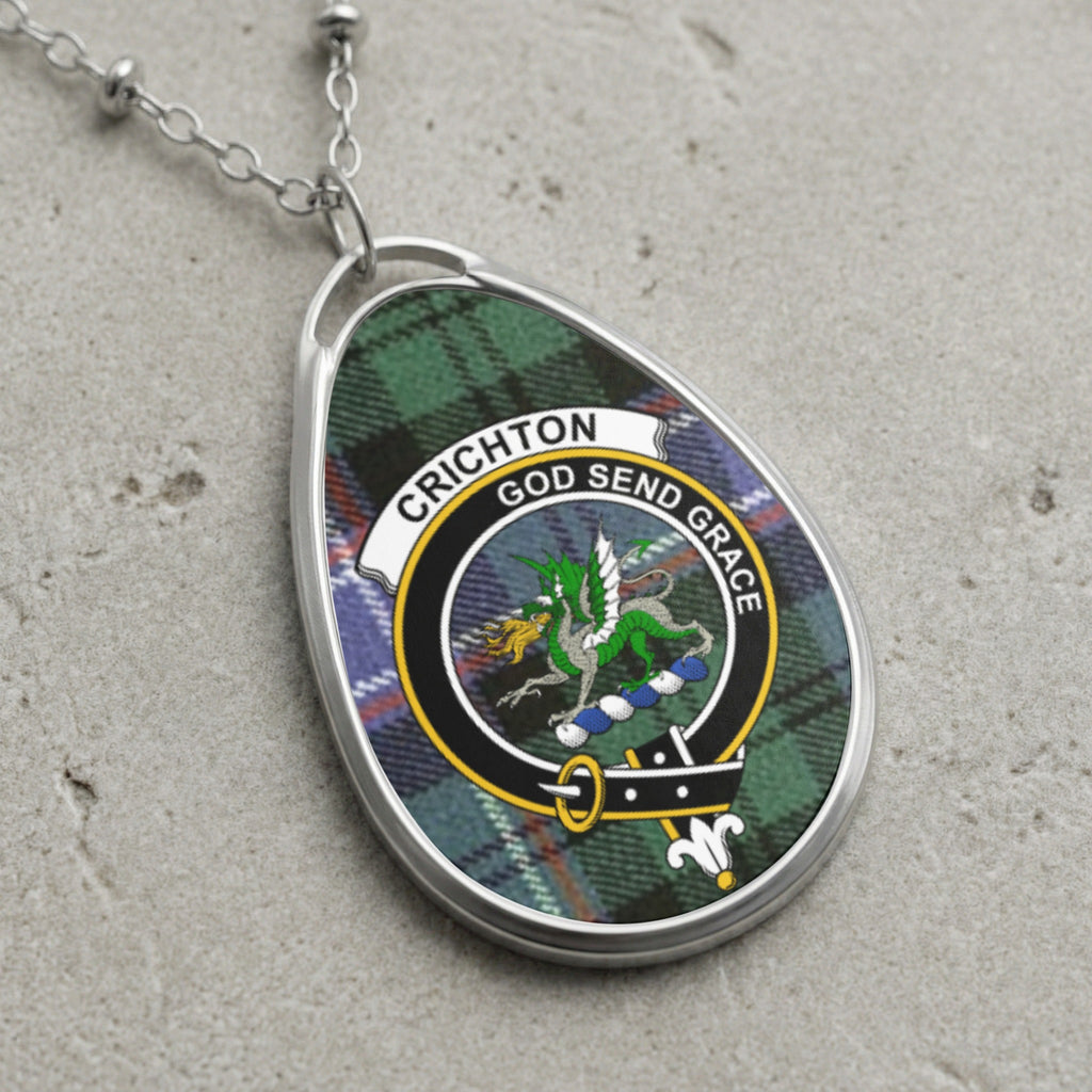 Crichton clan Scottish tartan necklace with clan crest and God Send Grace motto on tartan background