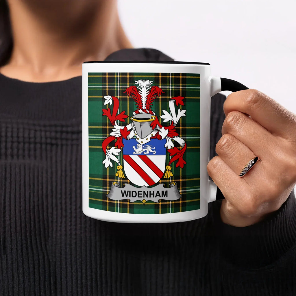 Mug featuring the WIDENHAM family crest on a green plaid background.