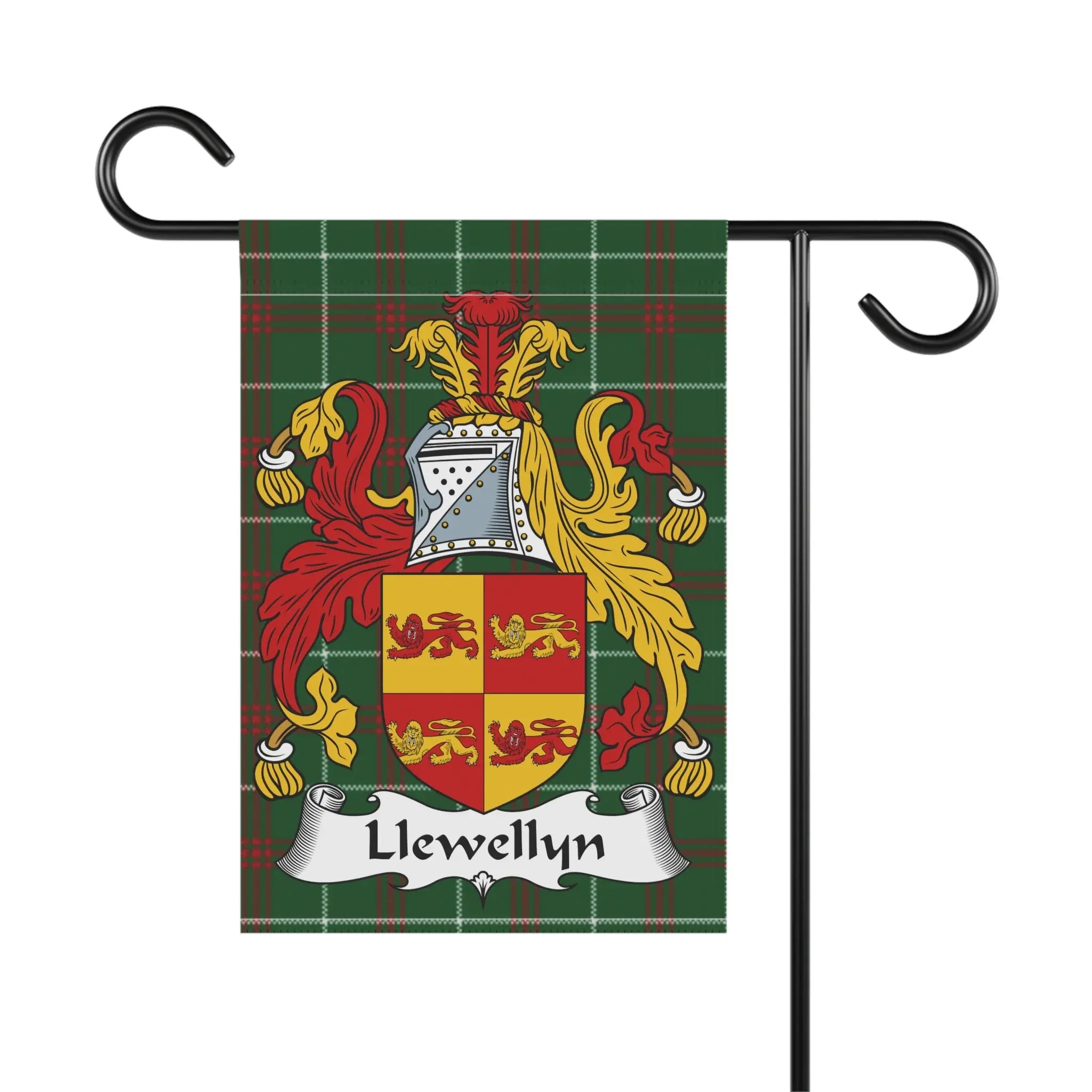 Llewellyn coat of arms on a green tartan plaid garden flag.