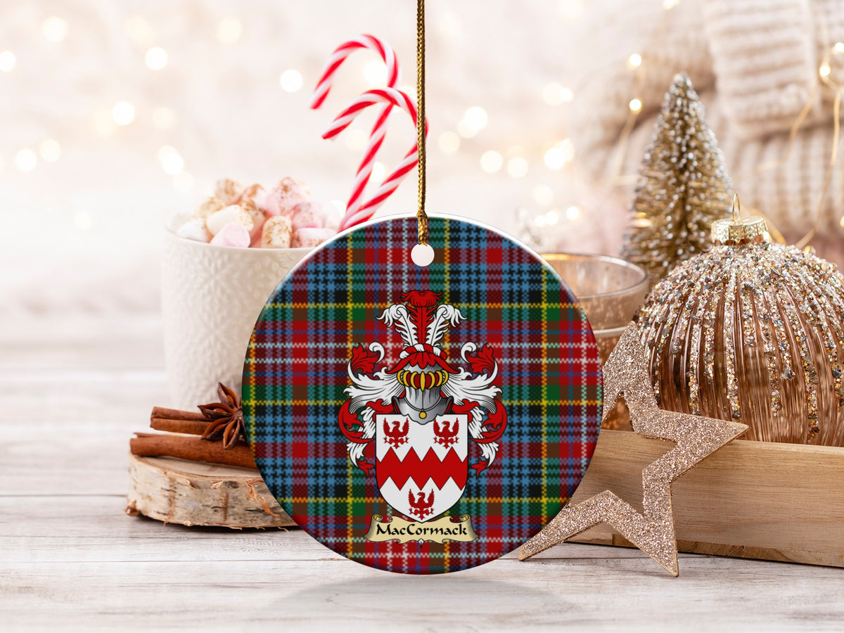 Double-sided MacCormack ceramic ornament with family shield and Caledonia tartan background