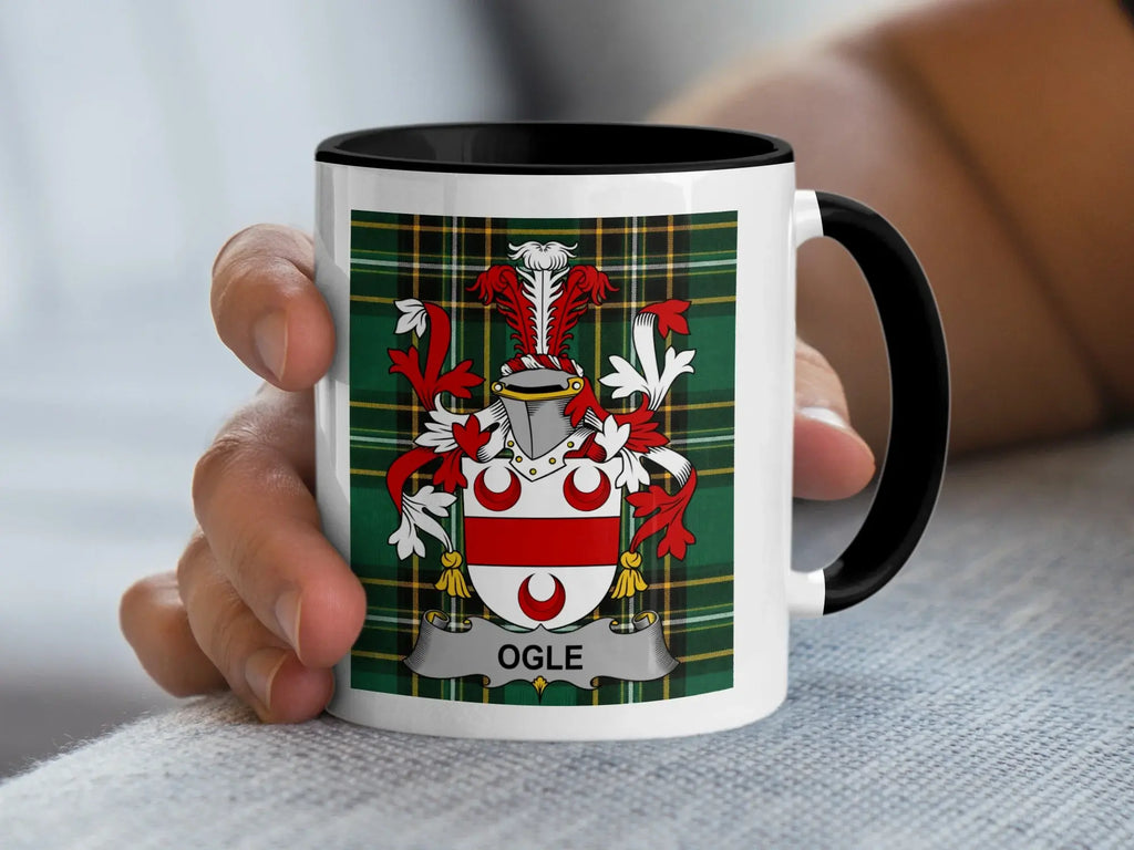 Ogle Irish family crest black accent mug with Irish National Tartan