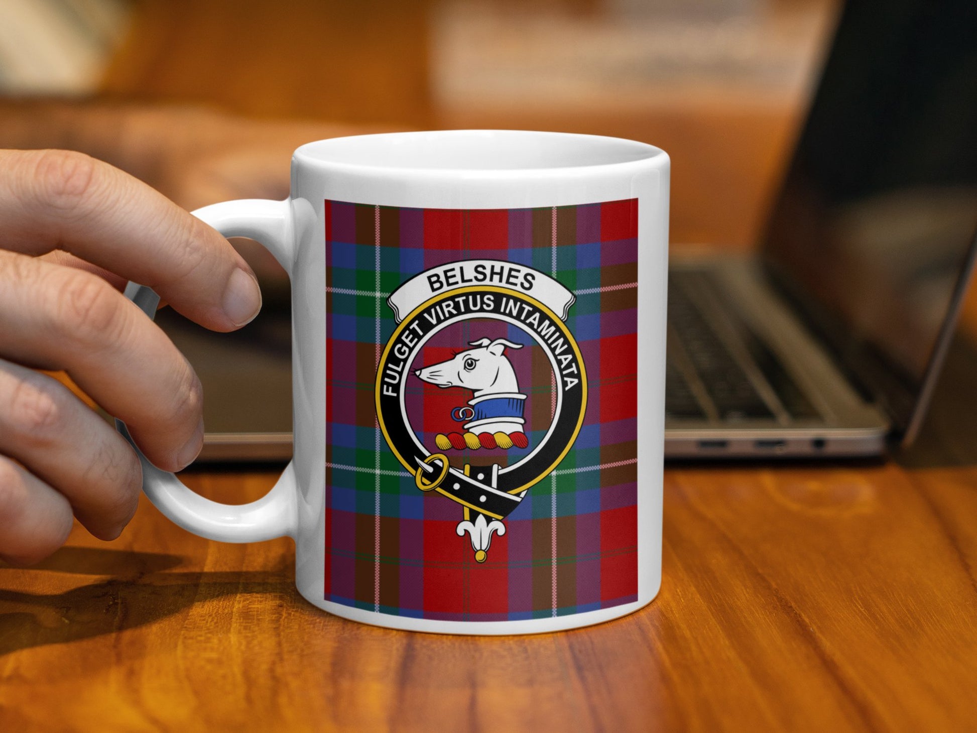 Clan Belsches Crest Emblem on Plaid Background Mug - Living Stone Gifts