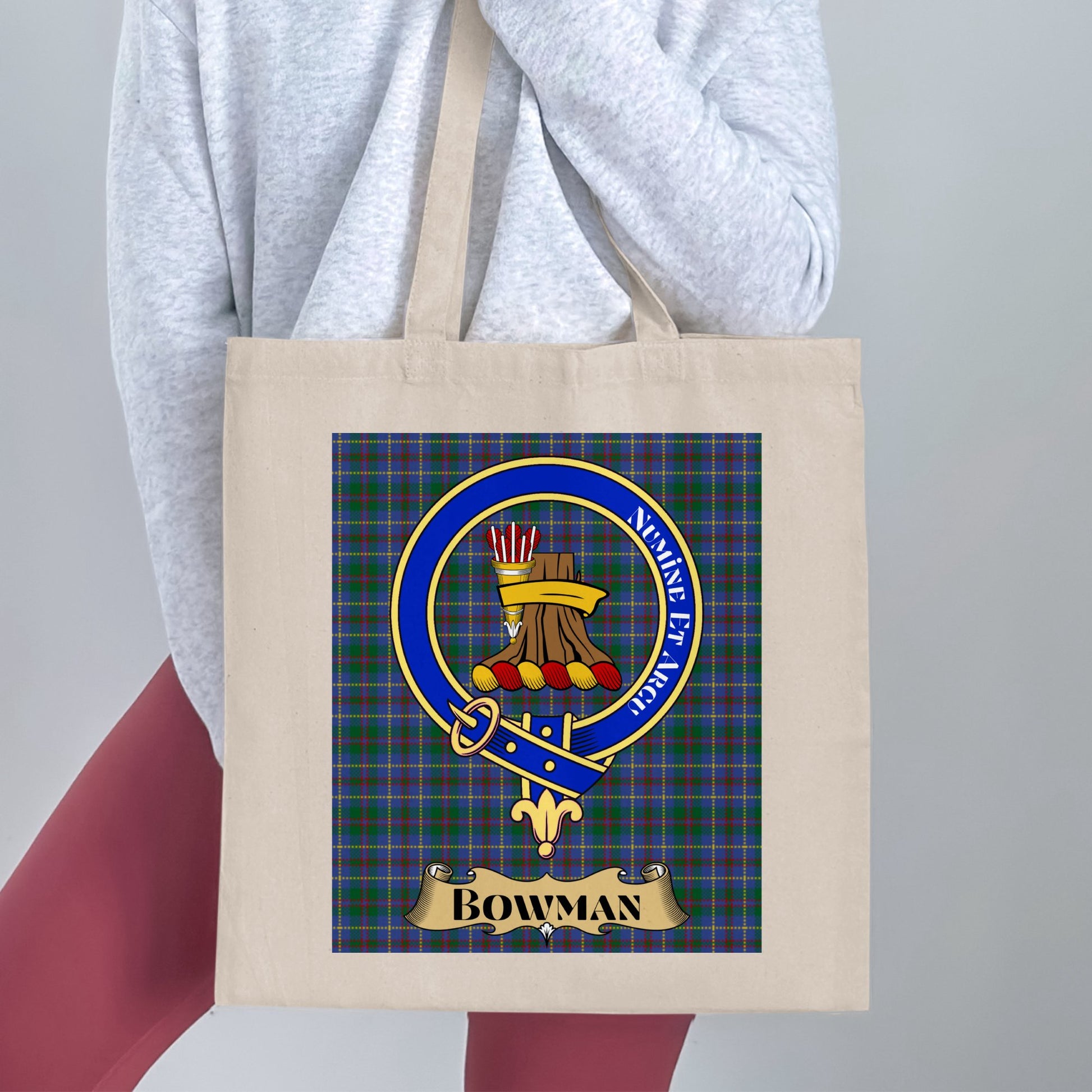 Bowman Clan Crest on Tartan Scottish Tote Bag - Living Stone Gifts