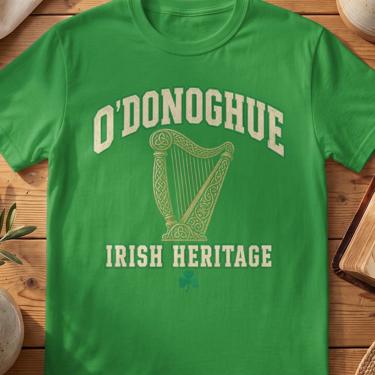 O'Donoghue Irish Heritage green Gildan 64000 T-shirt with Celtic harp design