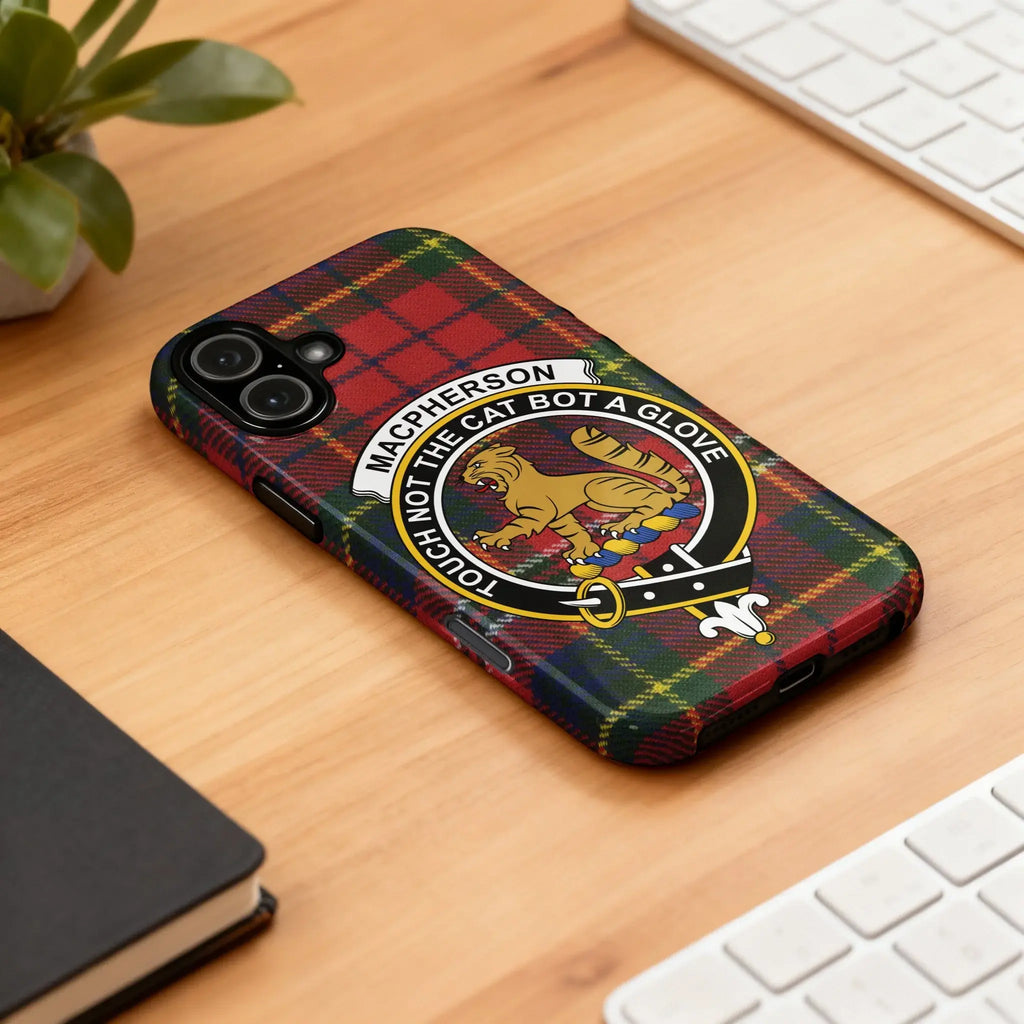 MacPherson clan crest phone case on Samsung Galaxy — Touch Not The Cat tartan wrap print