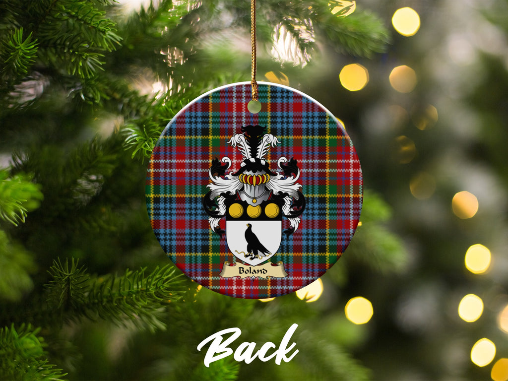 Double-sided Boland ceramic ornament with family shield and Caledonia tartan background